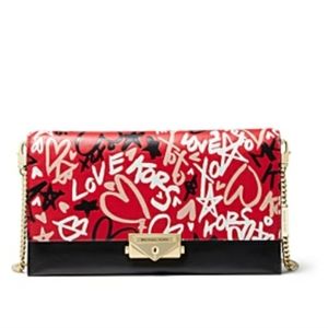 GRAFFITI LOVE RED Crossbody CLUTCH Kors Handbag Black Gold Chain Purse RARE $248